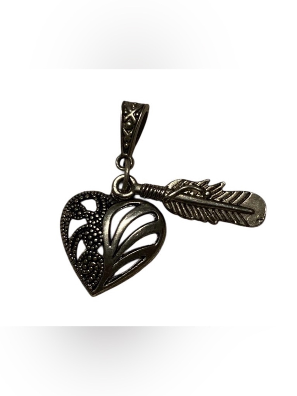 Silver Tone Heart & Feather Pendant #9047